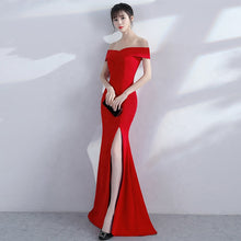 Load image into Gallery viewer, off shoulder side split party bridesmaid wear long simple lady gown korean evening dress
