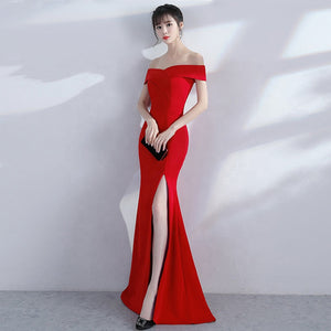 off shoulder side split party bridesmaid wear long simple lady gown korean evening dress