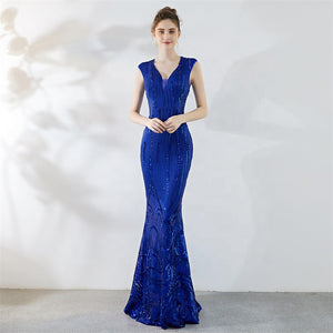 women V neck cap sleeve sequin long prom dress