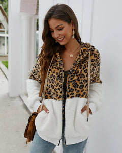 Contrast Leopard Womens Fuzzy Hoodies Long Sleeve Zip Up Sweatshirt Fleece jacket and coat for ladies