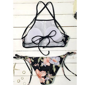 floral print backless swimming suit women sexy bikini