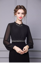 Load image into Gallery viewer, Autumn Long Sleeve Black Lace Rhinestone Midi Formal Pencil Dress
