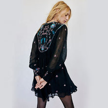 Load image into Gallery viewer, Embroidered retro hollow out transparent long sleeve chiffon woman summer short boho dress black
