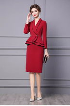 Load image into Gallery viewer, Autumn New Design Maroon Blazer Skirt Faux Two Piece Peplum Frilled Pencil Formal Dress
