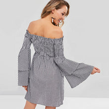 Load image into Gallery viewer, Sweet two-layer bell sleeve elastic mini off shoulder plaid casual dress
