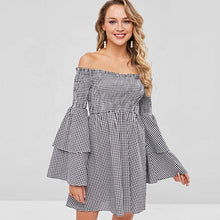 Load image into Gallery viewer, Sweet two-layer bell sleeve elastic mini off shoulder plaid casual dress

