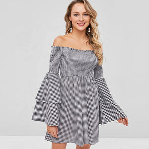 Sweet two-layer bell sleeve elastic mini off shoulder plaid casual dress