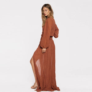 Simple loose sexy split V neck nice ruffle lady clothes long sleeve maxi bohemian clothing woman boho dress