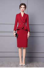 Load image into Gallery viewer, Autumn New Design Maroon Blazer Skirt Faux Two Piece Peplum Frilled Pencil Formal Dress
