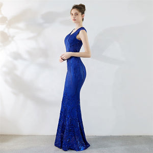 women V neck cap sleeve sequin long prom dress