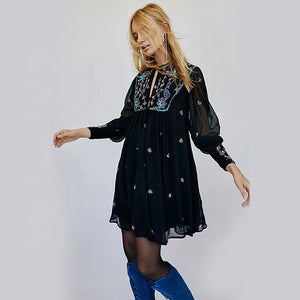 Embroidered retro hollow out transparent long sleeve chiffon woman summer short boho dress black