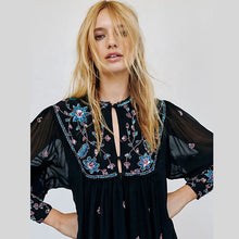 Load image into Gallery viewer, Embroidered retro hollow out transparent long sleeve chiffon woman summer short boho dress black
