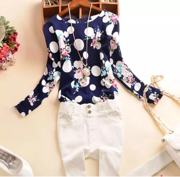 Printed Floral Polka Dot Satin Blouse