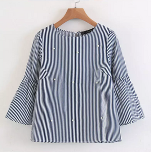 Casual Sweet 3/4 Flare Sleeve Pearl Round Neck Solid Striped Blouse