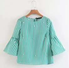Load image into Gallery viewer, Casual Sweet 3/4 Flare Sleeve Pearl Round Neck Solid Striped Blouse
