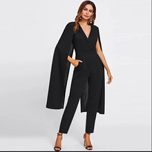 Load image into Gallery viewer, Glamorous cape type women clothing deep V Neck high waist cloak sleeve long surplice wrap tailored black jumpsuit fitness
