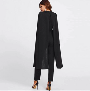 Glamorous cape type women clothing deep V Neck high waist cloak sleeve long surplice wrap tailored black jumpsuit fitness