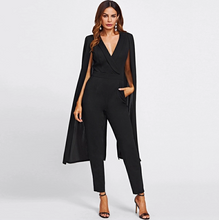 Load image into Gallery viewer, Glamorous cape type women clothing deep V Neck high waist cloak sleeve long surplice wrap tailored black jumpsuit fitness
