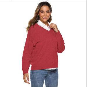 Women's V Neck Solid Drop Shoulder Pullover Sweater