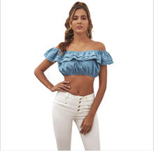 Load image into Gallery viewer, Ruffle Off Shoulder Denim Crop Top
