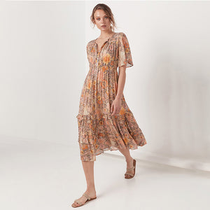 Women Short Sleeve Frilled Floral Beachwear Bohemian Maxi Dress