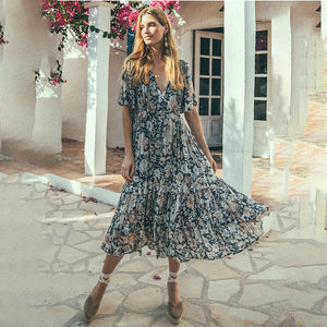 Women Short Sleeve Frilled Floral Beachwear Bohemian Maxi Dress