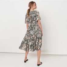 Load image into Gallery viewer, Women Short Sleeve Frilled Floral Beachwear Bohemian Maxi Dress
