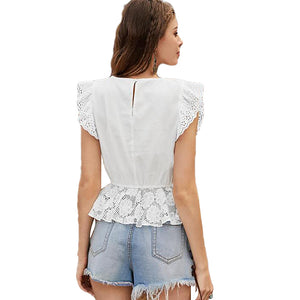 Sweet Elegant Embroidery Lace Ruffle Short Top