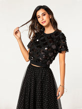 Load image into Gallery viewer, women trendy short sleeves sequin top polka dot tulle overlay skirt 2-piece set
