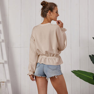 3 colors long sleeve ruffled hem blouse