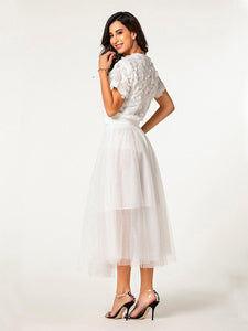 women trendy short sleeves sequin top polka dot tulle overlay skirt 2-piece set